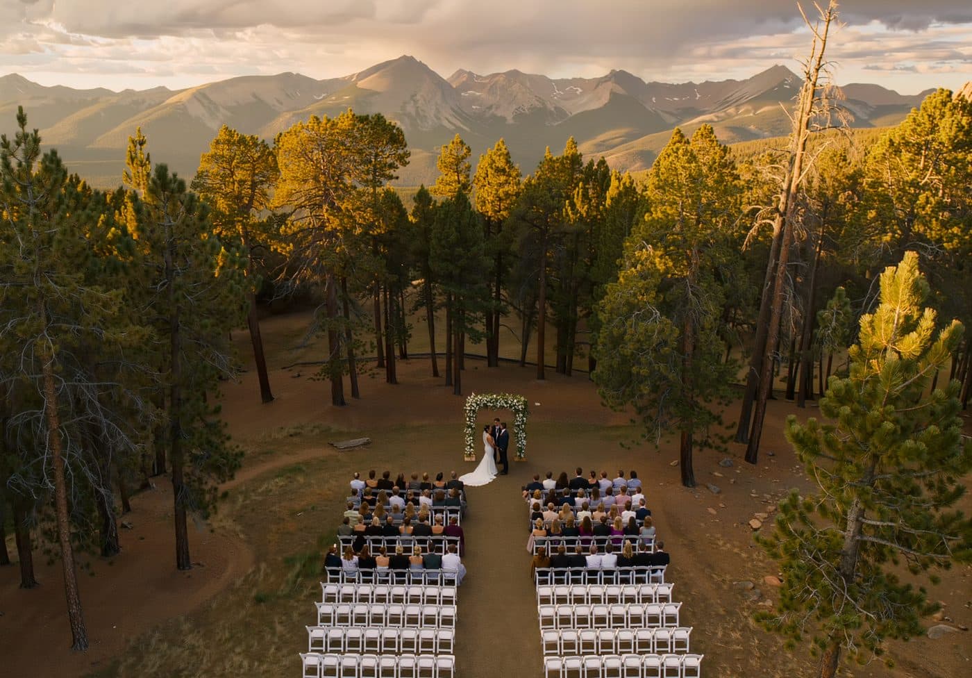 Aerial drone shot of Colorado wedding ceremony