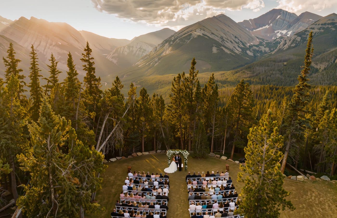 Wide aerial view of outdoor wedding venue in Colorado